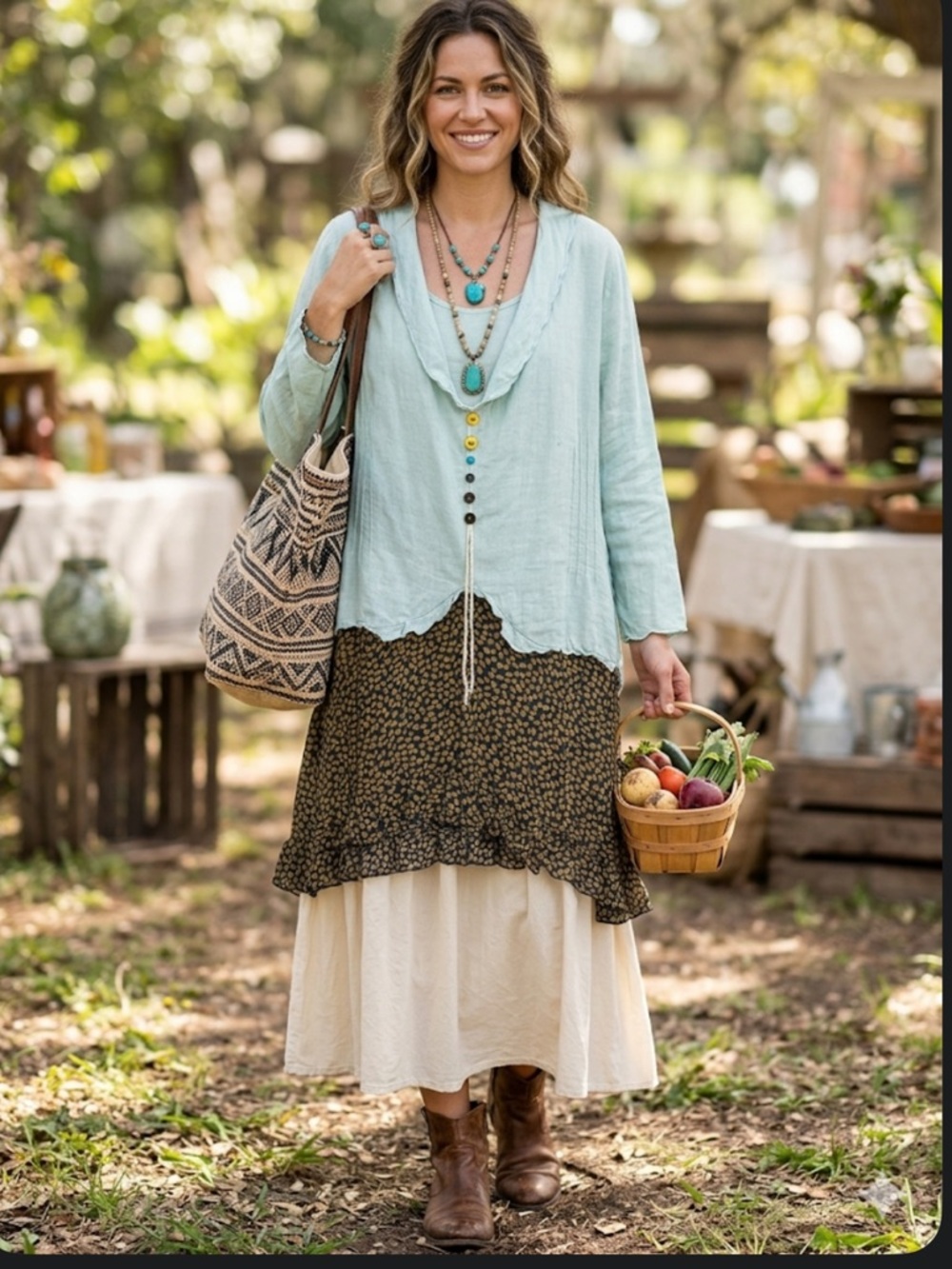 Boho Lagenlook Layered Mint Green Linen Blend Top Floral Ruffle Hem Medium